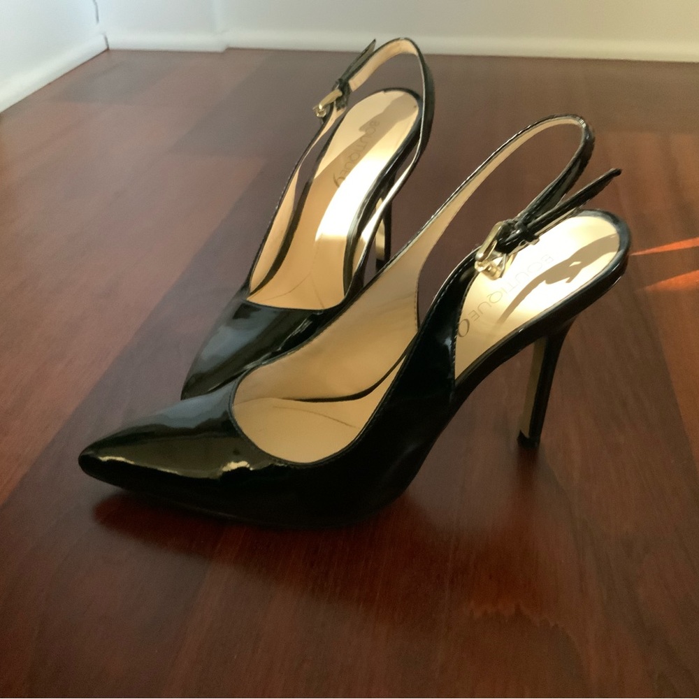 Boutique 9, black patent leather sling back heel, 4” heel, 6.5M